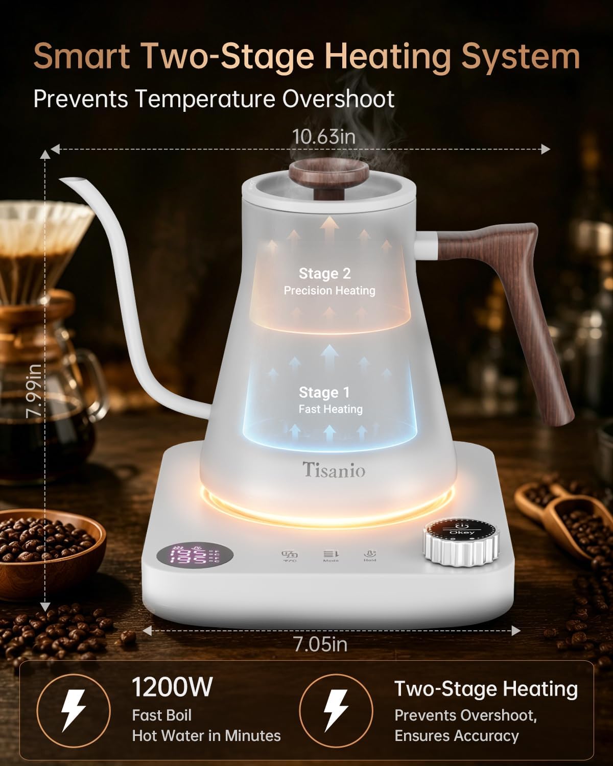 Gooseneck Electric Kettle with Temperature Control, 0.9L, White Wood | ±1°F Precision Pour Over Kettle, LCD Dual
