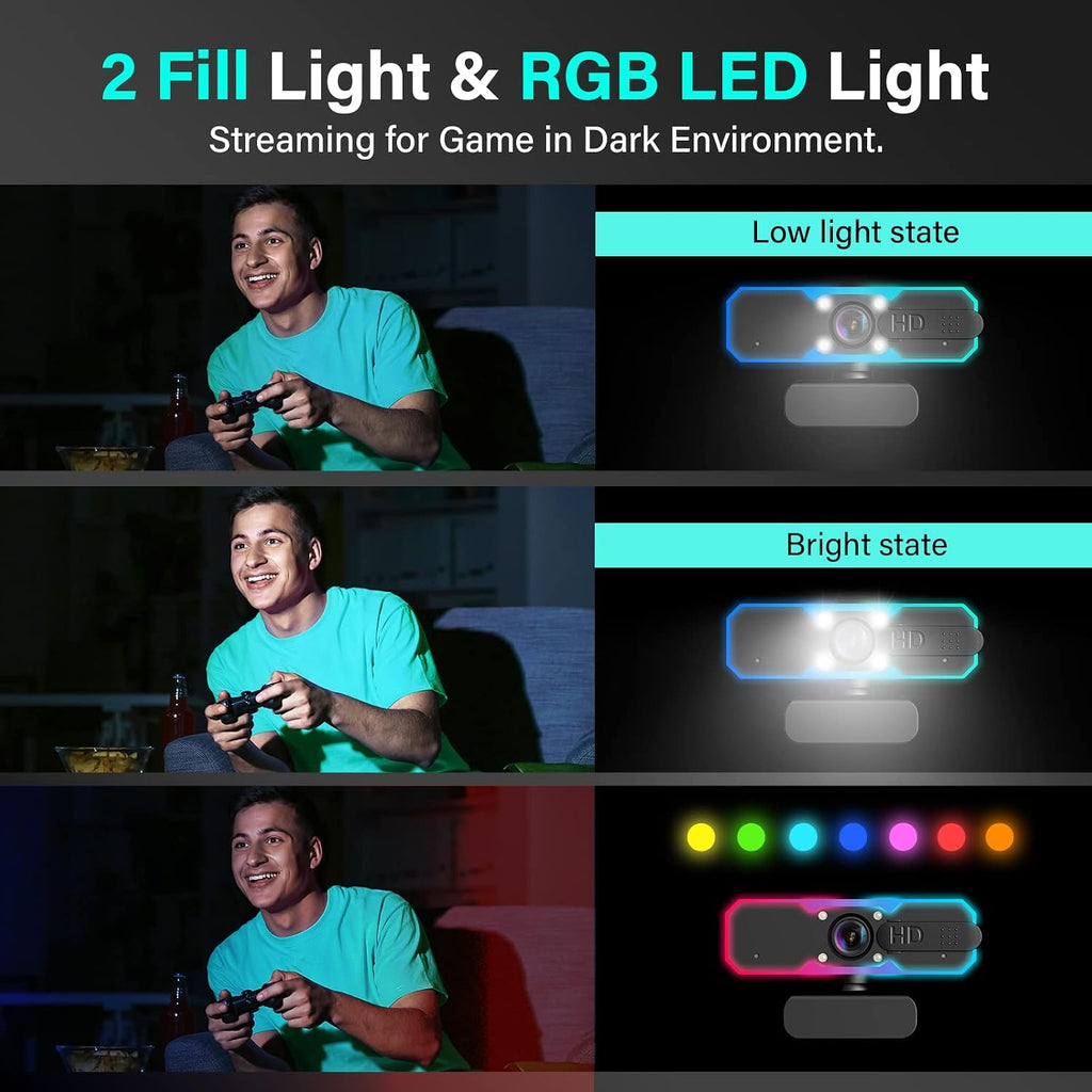 1080P 60FPS Streaming Camera Webcam with Microphone and Fill RGB Light,Autofocus,Work with Laptop/Desktop
