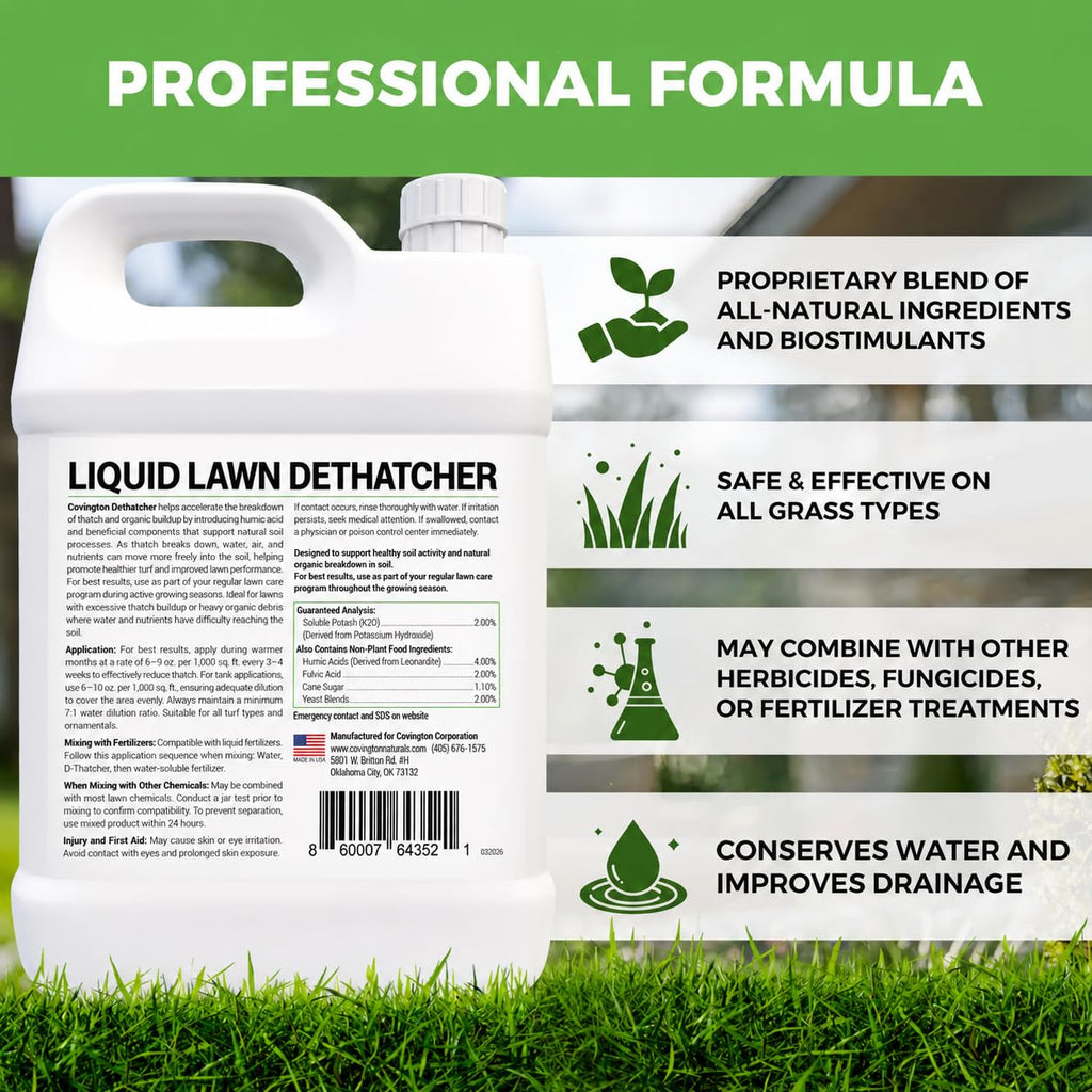 Covington Liquid Lawn Dethatcher (32oz) – Liquid Aerator Concentrate & Humic Thatch Remover, Soil Softener & Grass