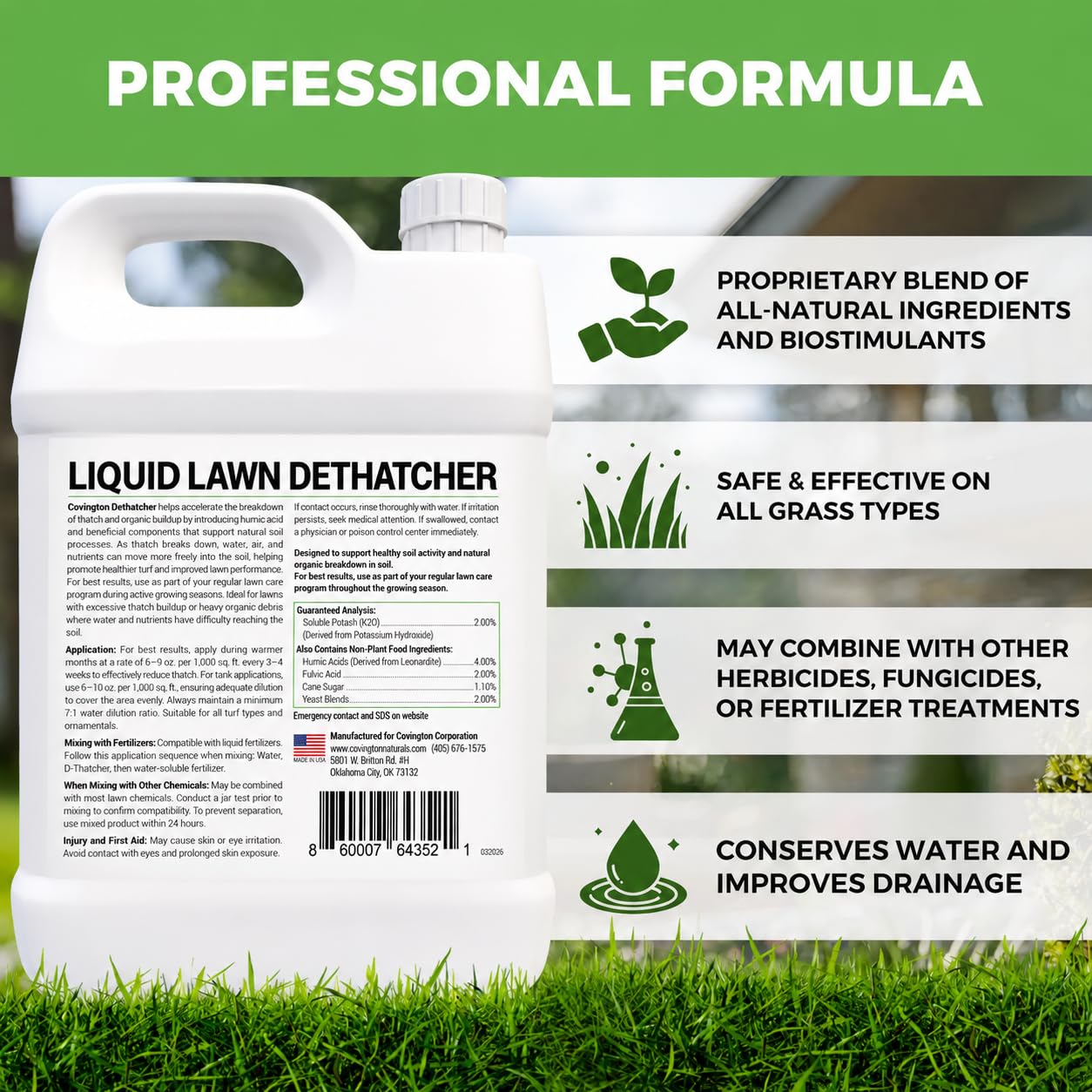 Covington Liquid Lawn Dethatcher (32oz) – Liquid Aerator Concentrate & Humic Thatch Remover, Soil Softener & Grass
