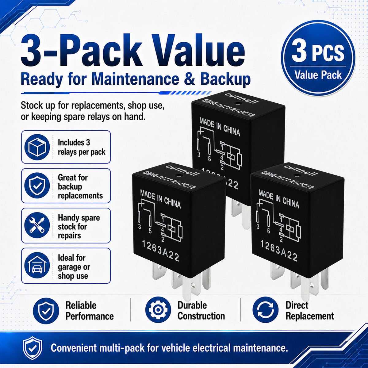 Cuttnell 3-Pack G8HE-1C7T-R1-DC12 Relay 12V 40A 5-Pin