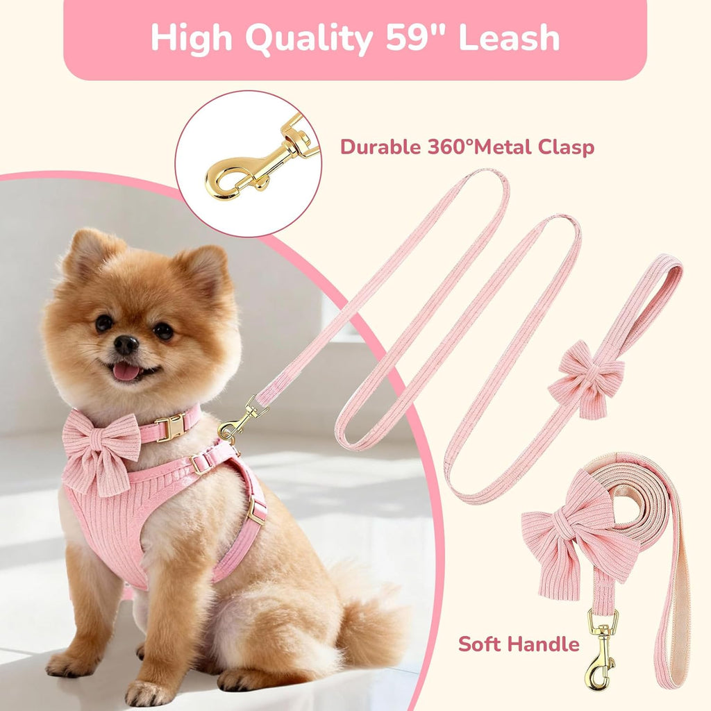 Small Dog Collar Harness and Leash Set, Dog Harness no Pull with Bowtie, Breathable Cotton Adjustable Pet Puppy