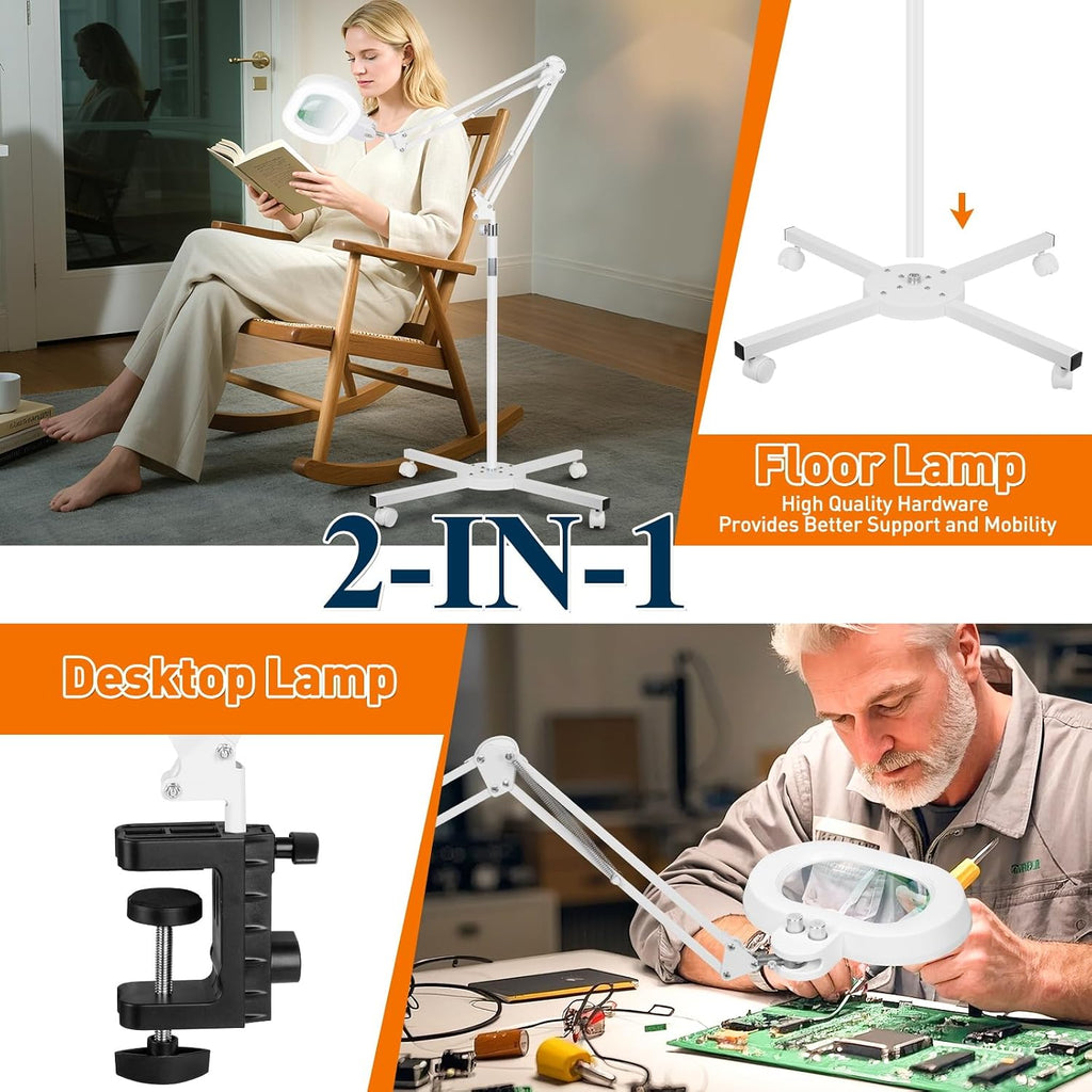 2200 Lumens 12X Esthetician Magnifying Floor Lamp, 3-Axis Magnifier | Dual-Knob, Square Glass, Stepless Dimmable, 4