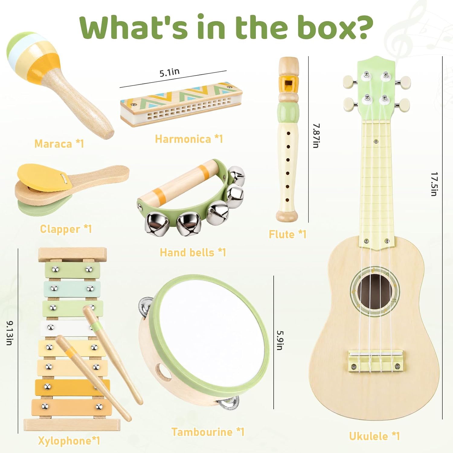 Kids Guitar Set - 8 in 1 Toddler Montessori Musical Instruments | Wooden Baby Ukulele Xylophone Tambourine Maracas