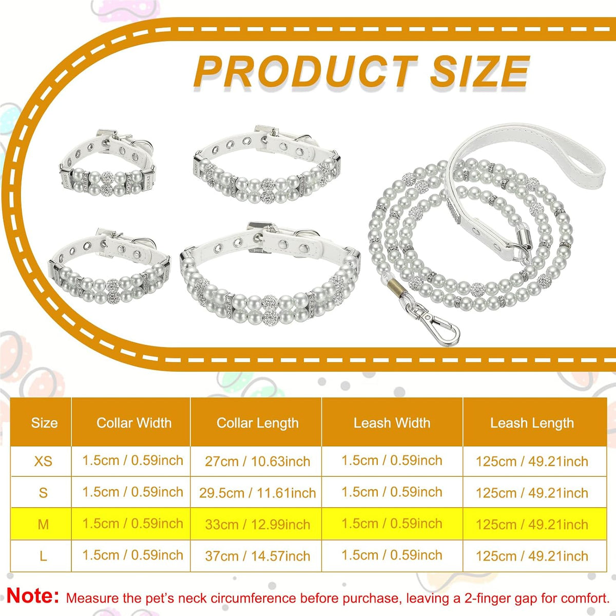 Pearl Dog Collar, Bling Pearl Cat Collar with Leash White, M