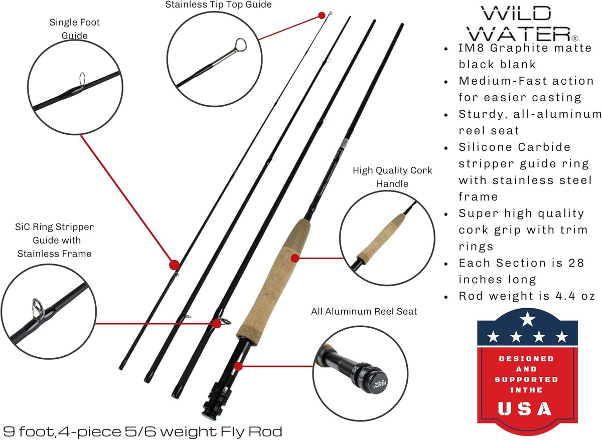 Standard Fly Fishing Combo Starter Kit, 5 or 6 Weight 9 Foot Fly Rod, 4-Piece Graphite Rod with Cork Handle