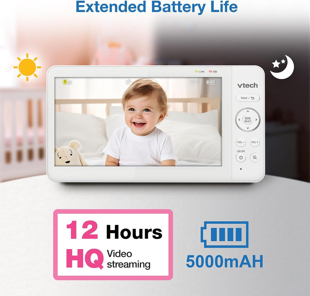 Baby Monitor No WiFi, 7" IPS Screen, 5000mAh 12Hr Battery, 360° PTZ, 4X Zoom, Night Vision, Night Light, 2-Way Talk