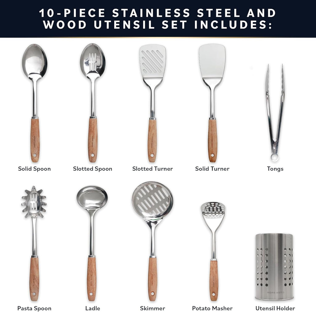 Stainless Steel Kitchen Utensils Set - Wood Handle Nonstick Stainless Steel Cooking Utensils Set - Heat Resistant