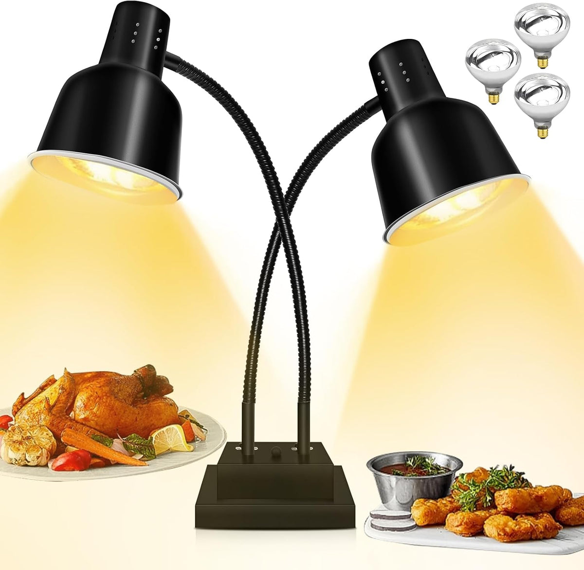 Food Heat Lamp, Commercial Food Warmer 250W Dual Head Heat Lamp for Food, Stainless Steel Catering Food Warming Lamp