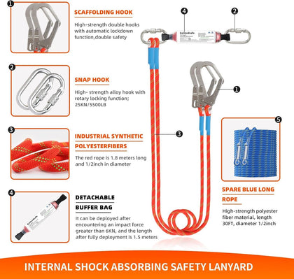 Fall Protection Harness,Safety Harness Fall Protection for Roofing/Electrical Work,Cushion bag&extra 30FT Rope