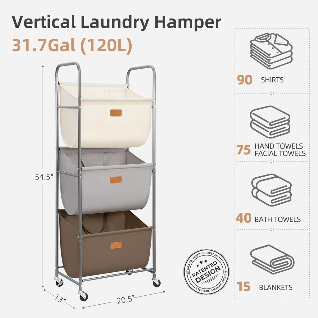 120 Liters Vertical Rolling Laundry Hamper, 3 Section Laundry Sorter with Wheels and 2 Breaks, 3-tier Laundry Baskets