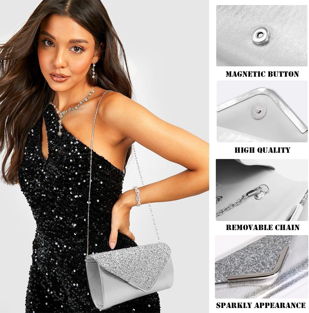 10 Pcs Silvery Rhinestone Jewelry Set for Women Bride Wedding Prom Jewelry Evening Rhinestone Sparkly Clutch Purse Bag