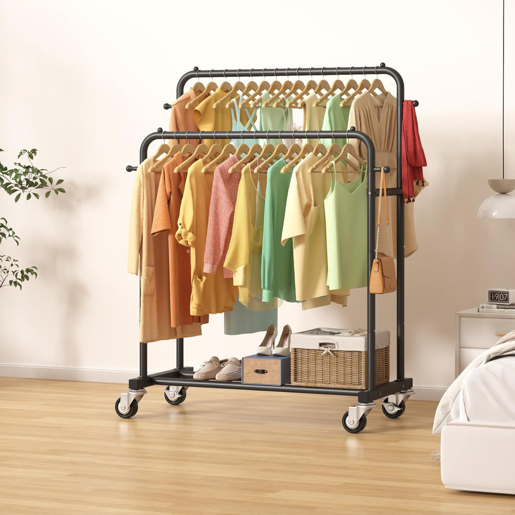 Double Rods Garment Rack with Wheels, Clothing Rack for Hanging Clothes,4 Hooks, Multi-functional Bedroom Clothes