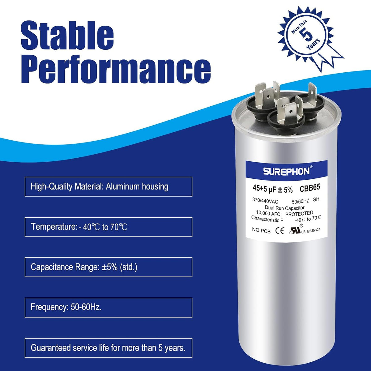 45+5 uF 45/5 MFD ±5% 370V/440VAC Dual Run Start Capacitor CBB65 Works for AC Unit Fan Motor Start or Heat Pump or Condenser Straight Cool