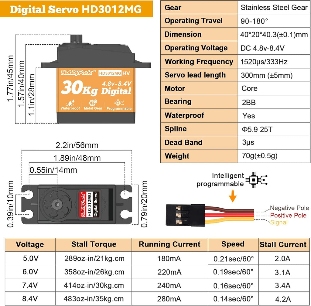Waterproof 30kg RC Servo High Torque Steering Servo Motor Metal Gear All Stainless Steel Gears for Robotics DIY, RC