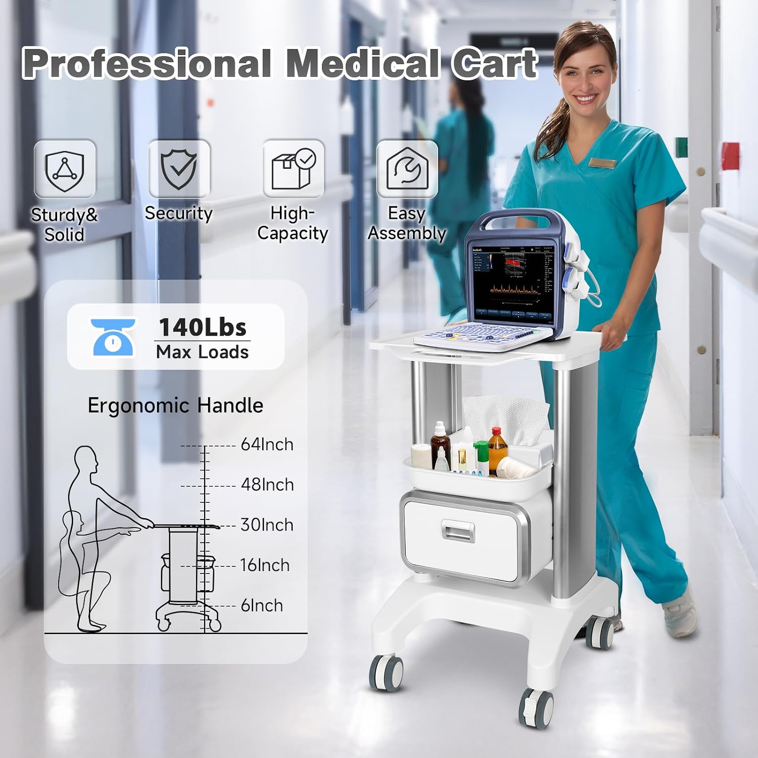 Medical Trolley Mobile Ultrasound Cart 135 LBS Load Storage Cart