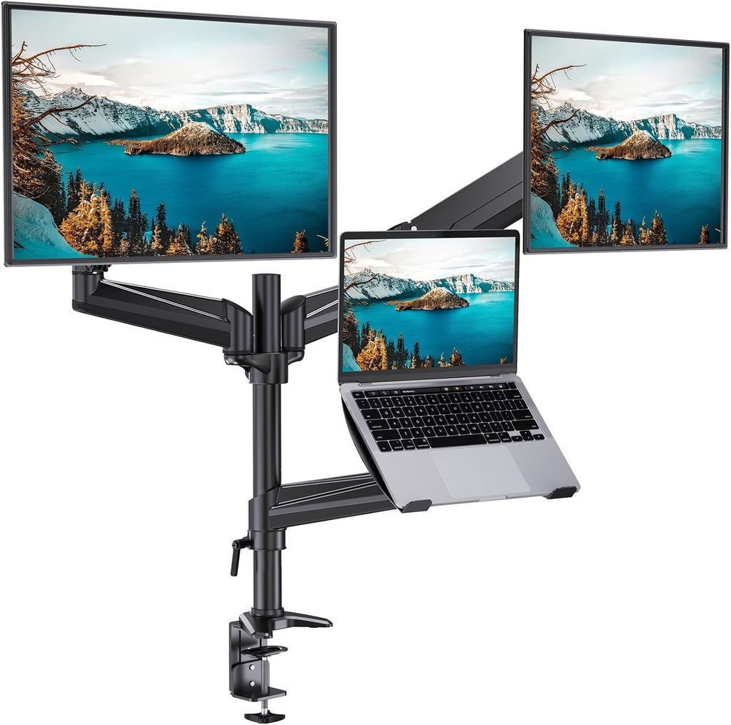 Dual Monitor and Laptop Mount for Max 32” Monitor and 17” Laptop, Adjustable Arm with Tilt, Swivel and Rotation, Dual