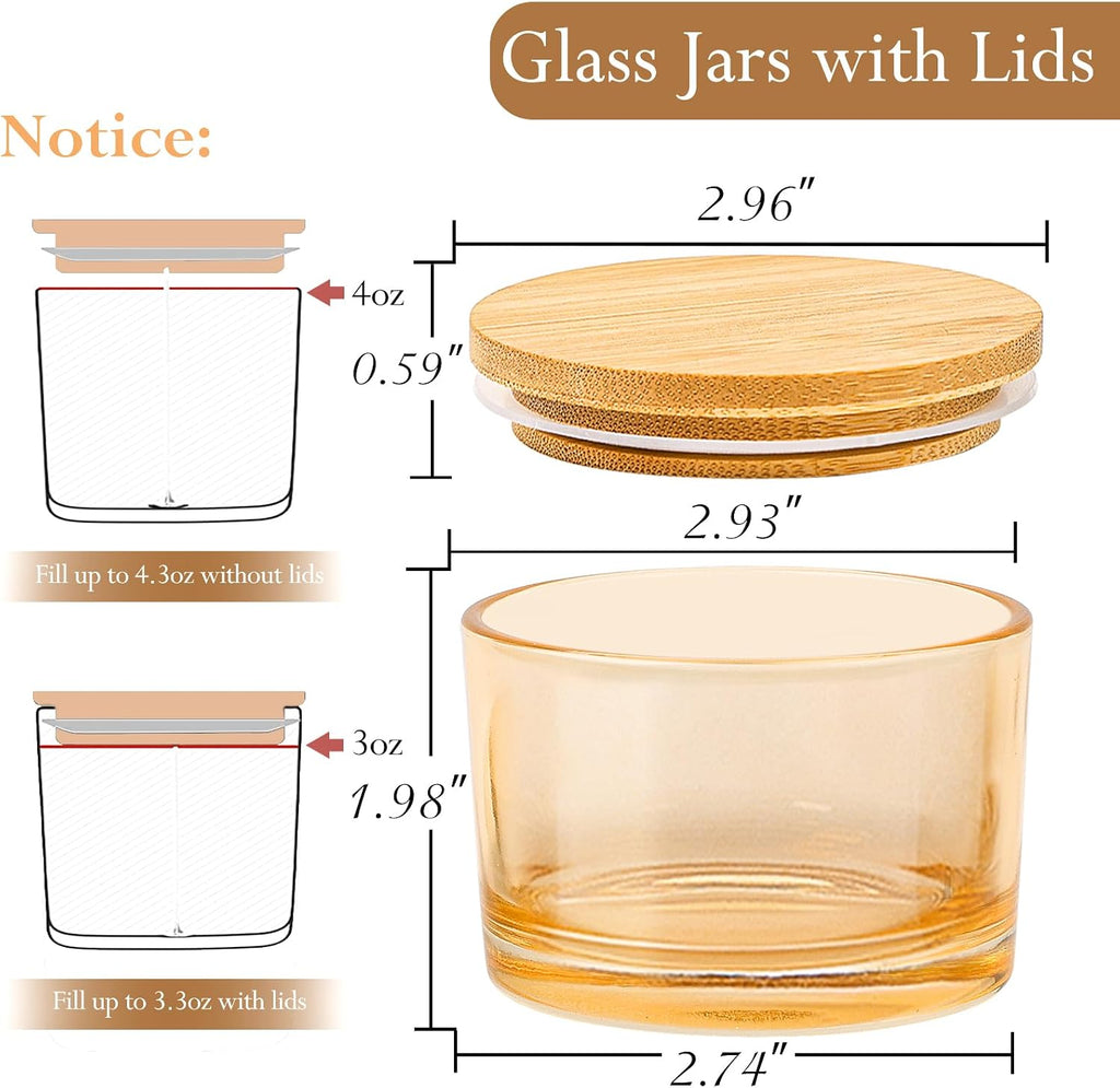 15 Pack 4oz Gold Amber Glass Candle Jars with Airtight Bamboo Lids | Thick Glass, Bulk Small Wide Mouth Candle