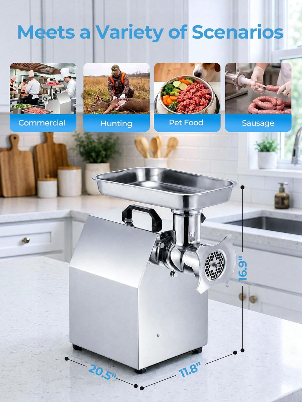 #22 Commercial Meat Grinder,1100 LB/H (19 LBS/Min),1.2HP Heavy-Duty Industrial Grinding Machine with Sausage Stuffing