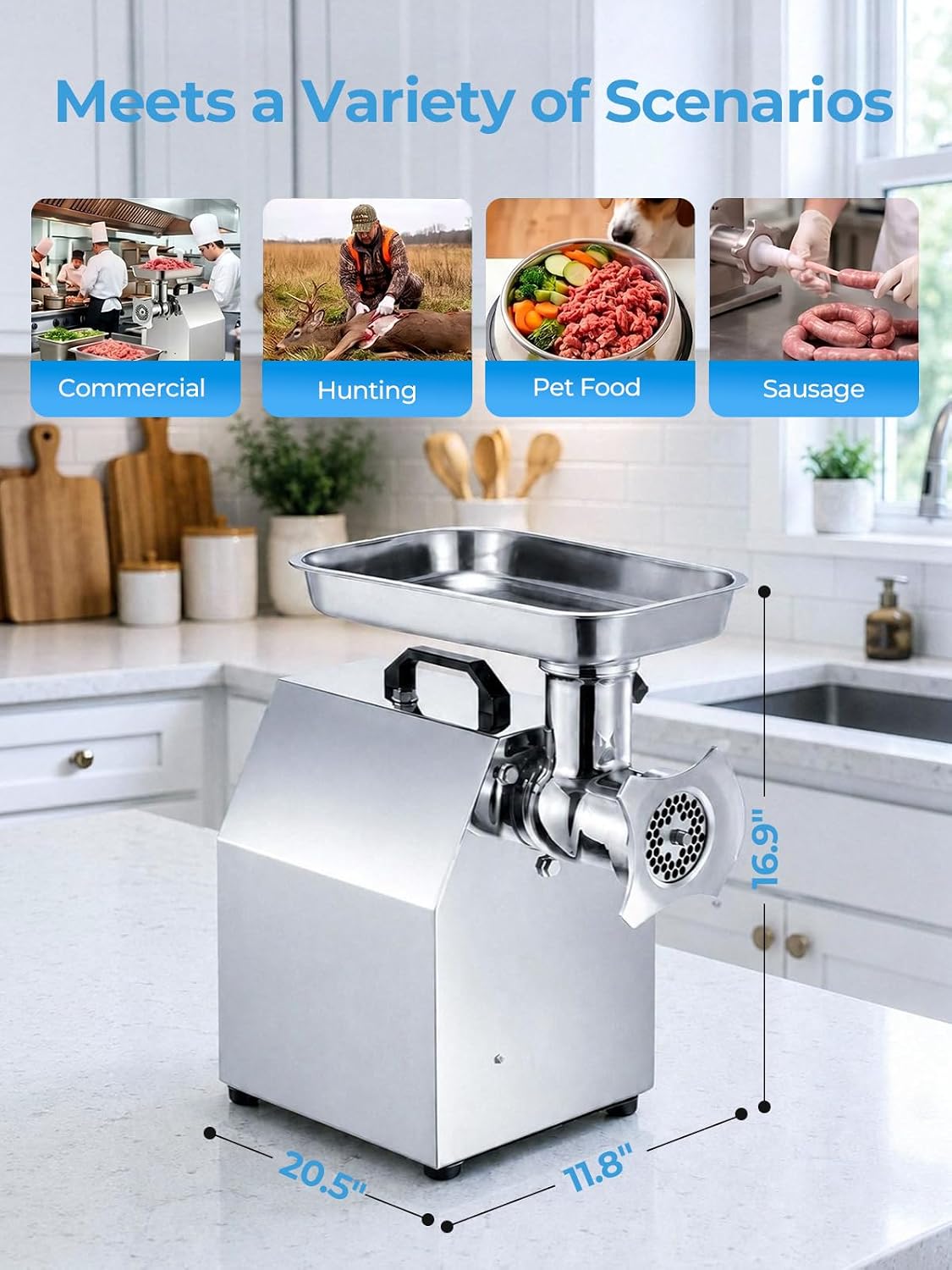 #22 Commercial Meat Grinder,1100 LB/H (19 LBS/Min),1.2HP Heavy-Duty Industrial Grinding Machine with Sausage Stuffing
