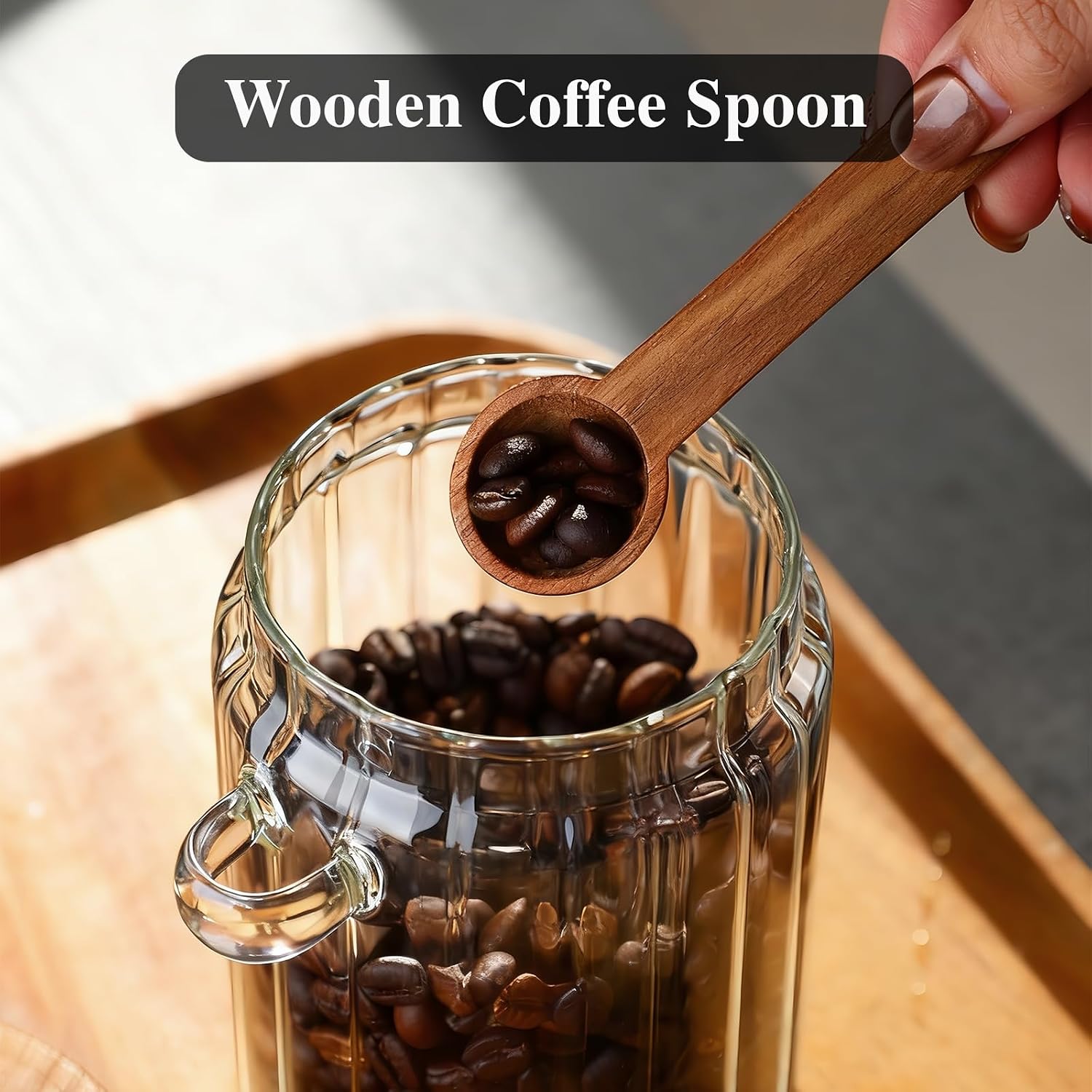 Coffee Canister, Coffee Container with Wooden Spoon and Lid, Ribbed Design, Airtight Storage Jar for Coffee