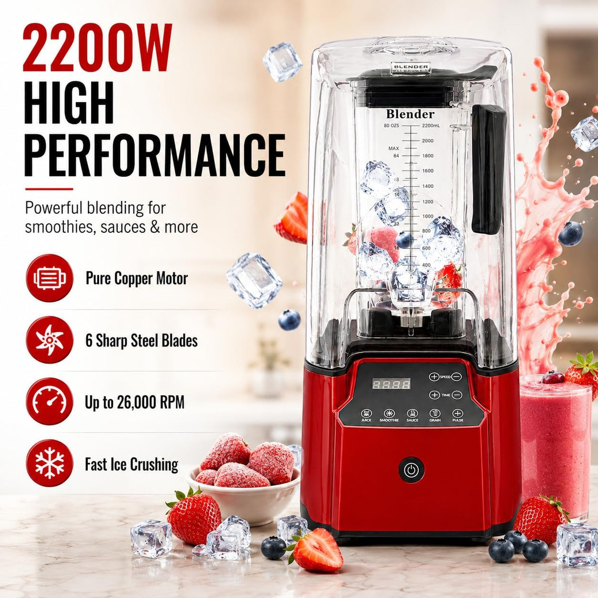 2200W Commercial Blender with Sound Enclosure – 9-Speed 26000 RPM, 6 Sharp Steel Blades, Timer, 2.2L Professional