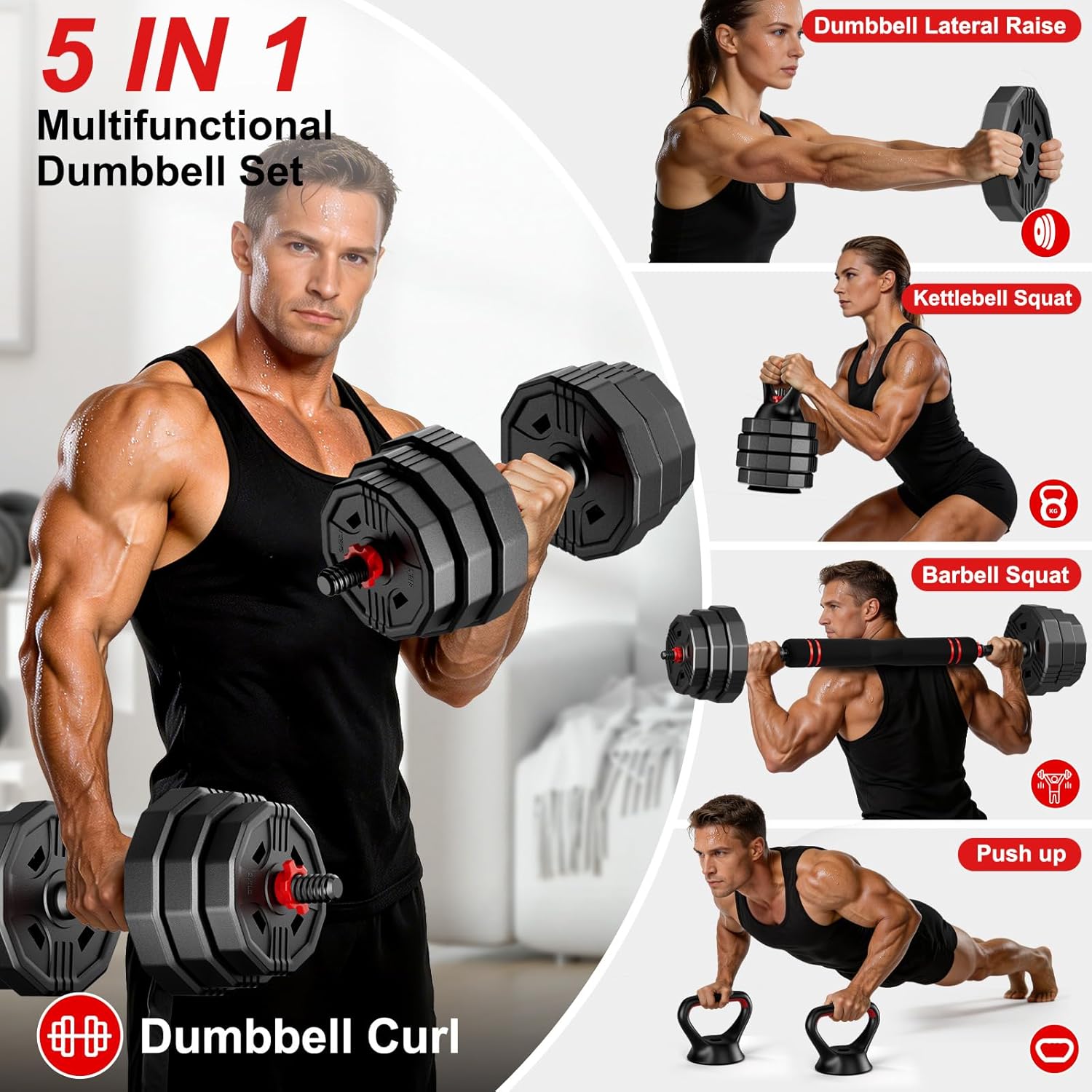 Adjustable dumbbell set, 20/30/45/70/90lbs Free Weight Set with Connector, 5 in1 Multi-Function Dumbbells Set Used as