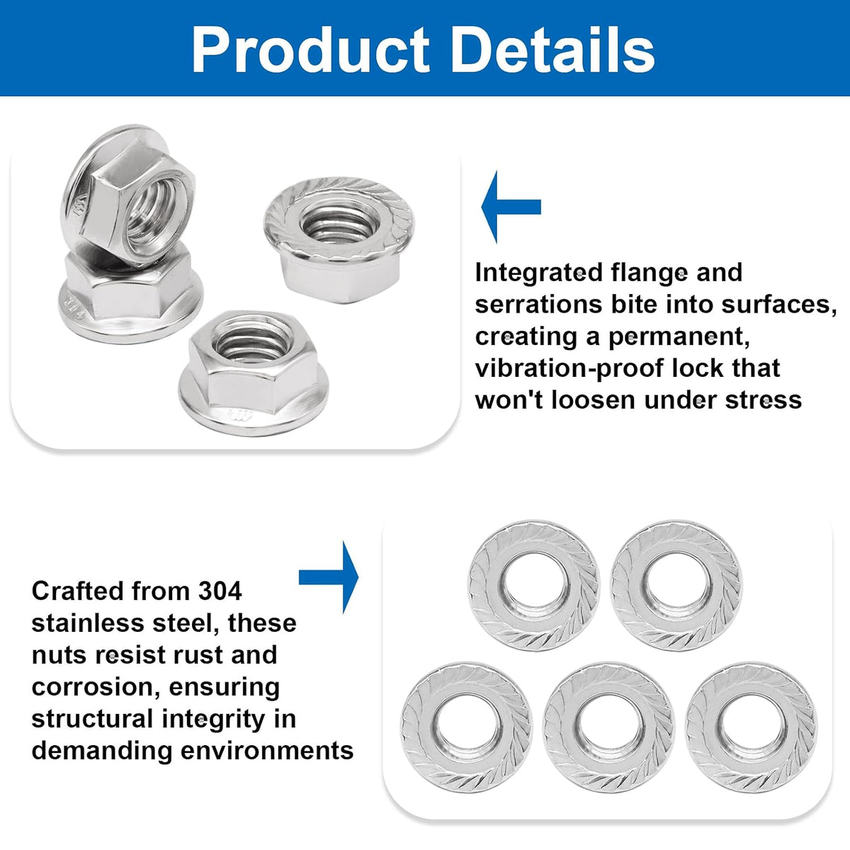 Bonsicoky 3/8-16 Serrated Flange Nuts, 50 Pack, Silver