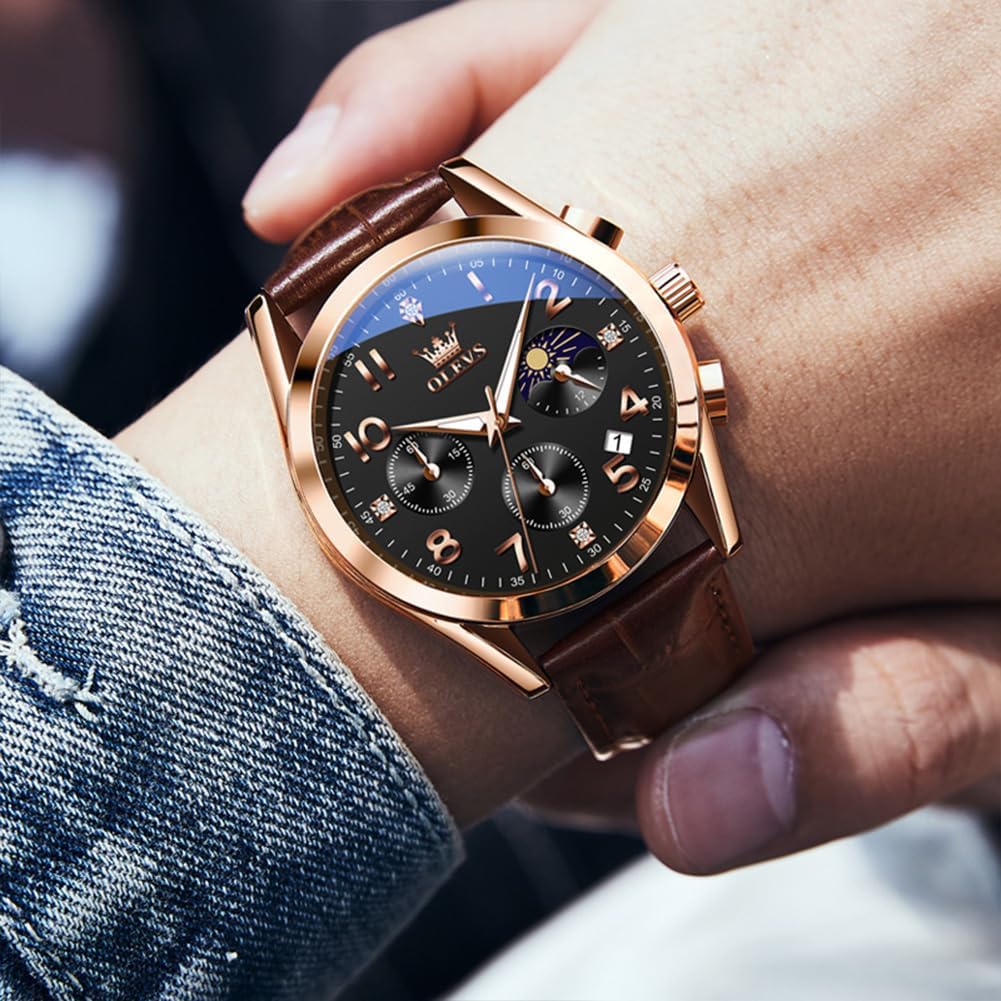 Men's Watches Brown Leather with Date,Casual Watches for Men,Large Face Watches Men,Chronograph Mens Watch,Sport
