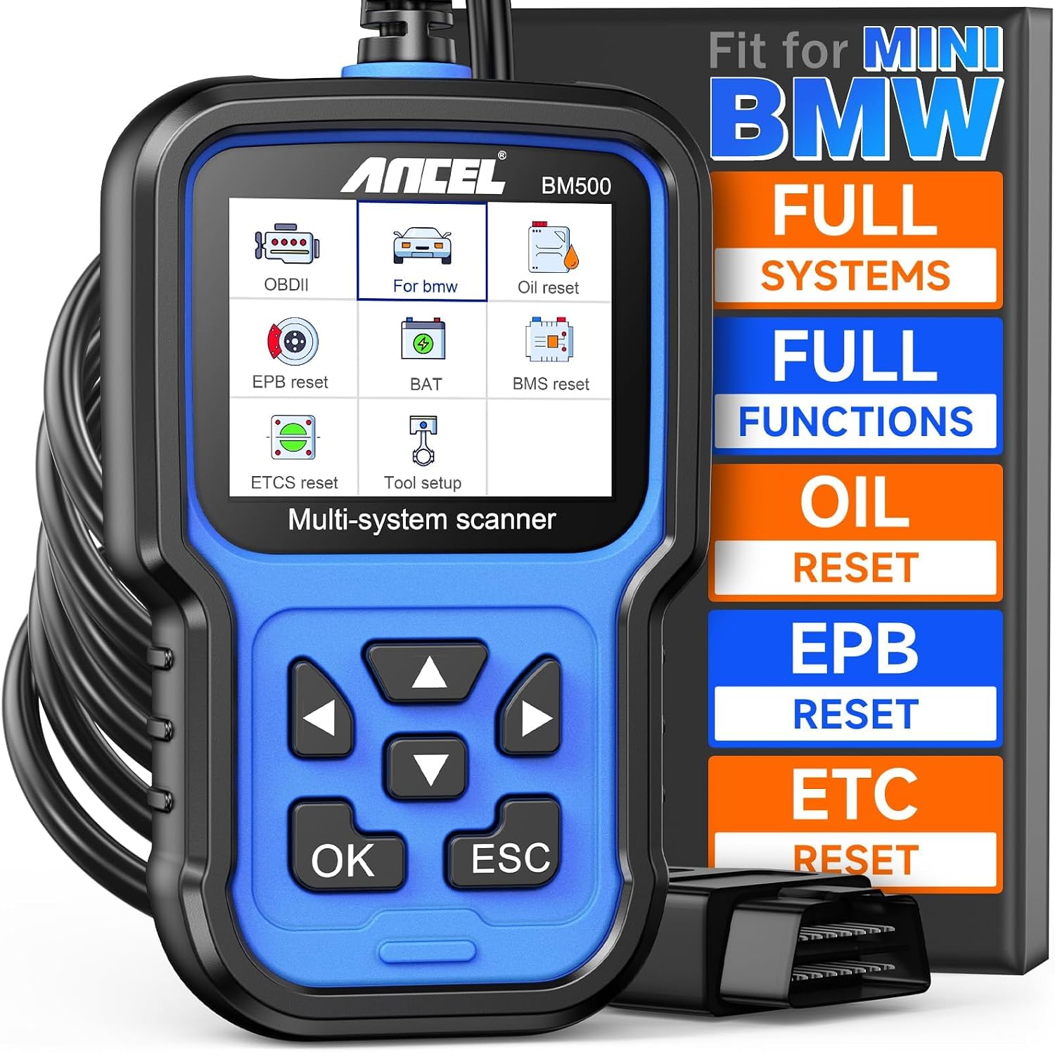 BM500 OBD2 Scanner for BMW & MINI, Simplified Battery Registration, EPB, Oil, Throttle, PCM Resets, I/M Readiness
