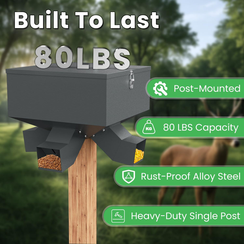 Portable 80LB Gravity Deer Feeder, Heavy Duty Metal Wildlife Feeder with 4 Feeding Ports, Weatherproof for Hunting &