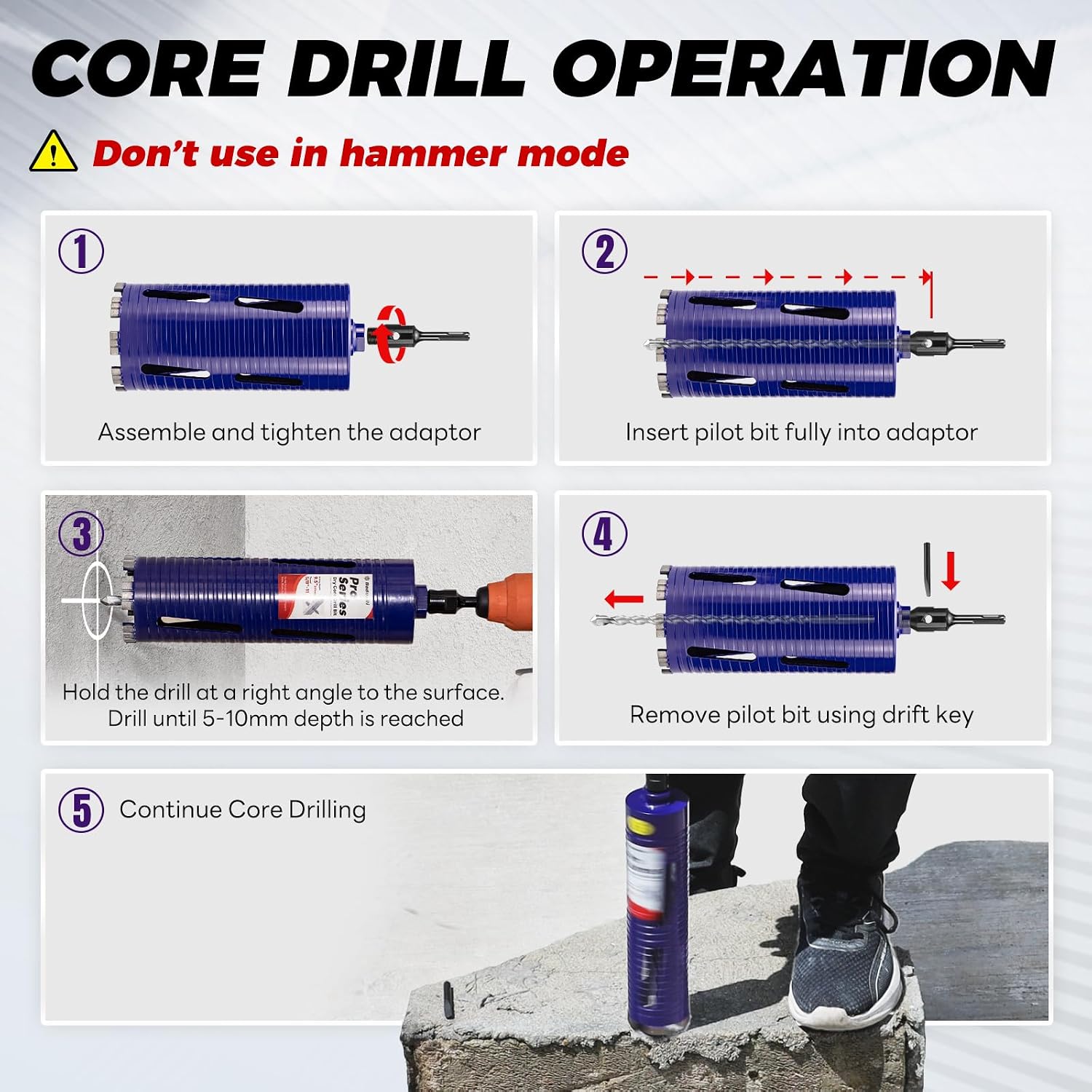 1-1/2" Core Drill Bit with Pilot Bit & Adapters(SDS Plus and 1/2" Hex), 5/8"-11 Thread, 9.5" Depth, Upgraded-Welded