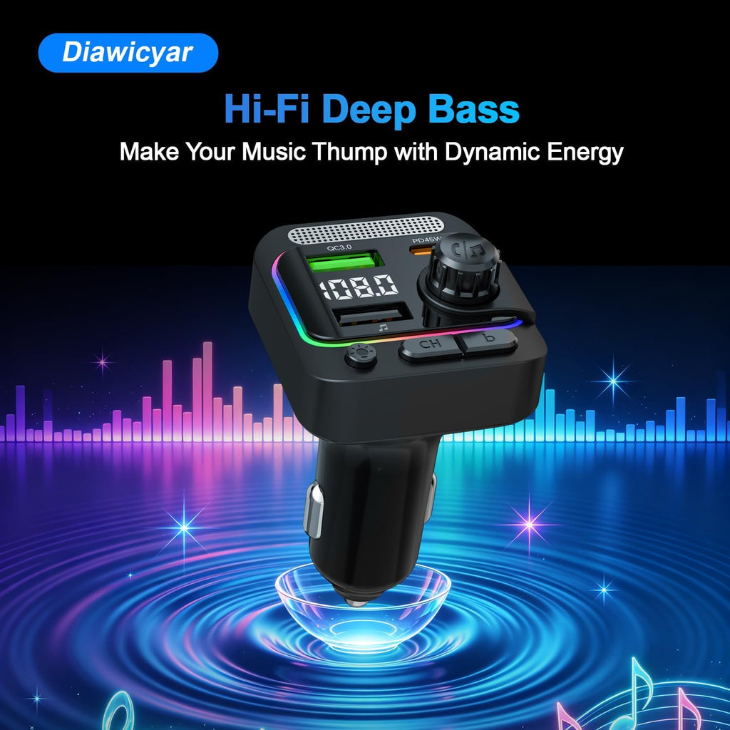 63W FM Transmitter Bluetooth Car Adapter, Wireless FM Bluetooth Transmitter | [PD 45W & QC3.0] Fast Charge, Deep Bass