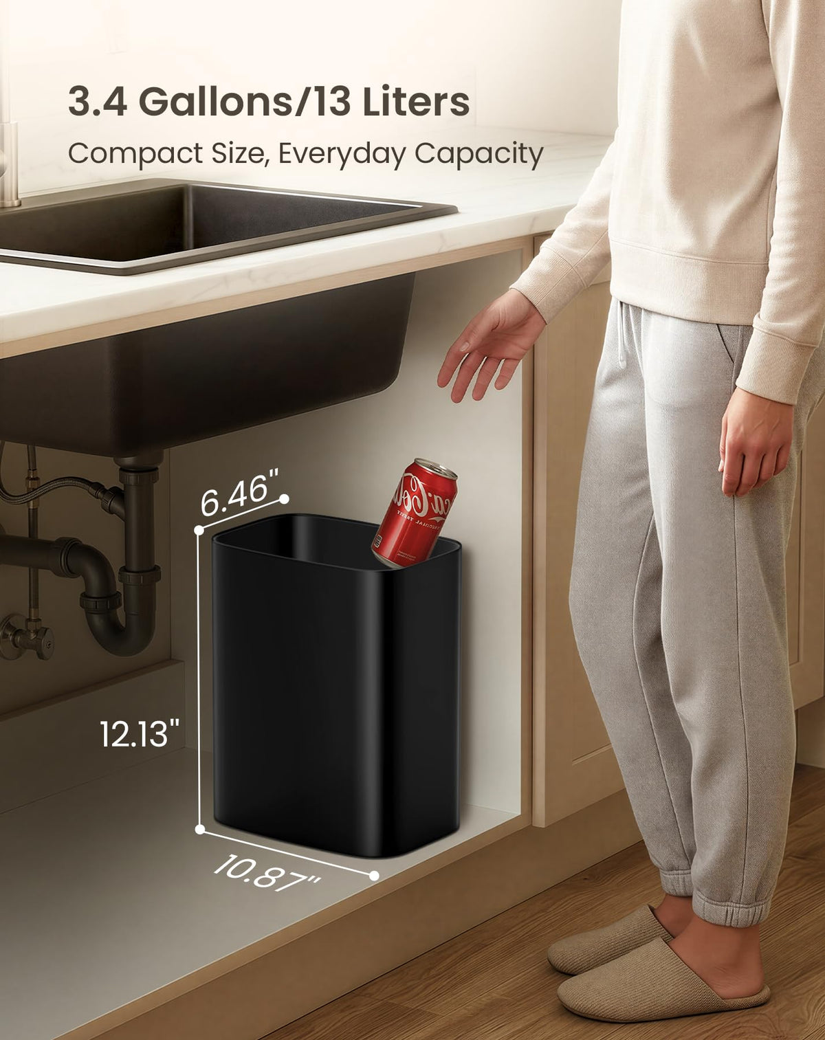 3.4 Gallons Bathroom Trash Can, Small Under Sink Wastebasket, Black