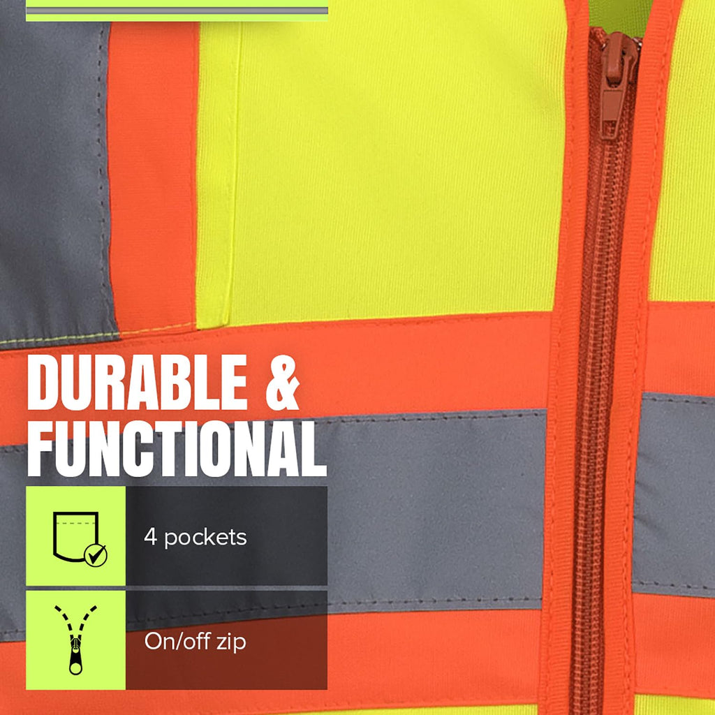 Hi Vis Sleeved Safety Vest For Men & Women - Class 3 - Reflective Tape, Breathable - Pockets - Yellow/Green