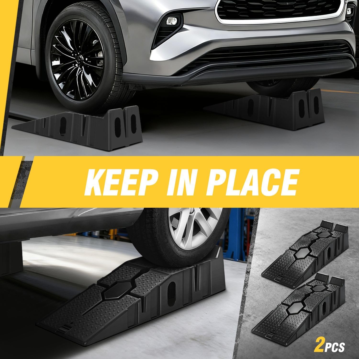 7" Car Lift Ramp, 9" Working Width, 2-Pack Vehicle Parking Ramp Stand - 2.5 T G.V.M Capacity for One Pair