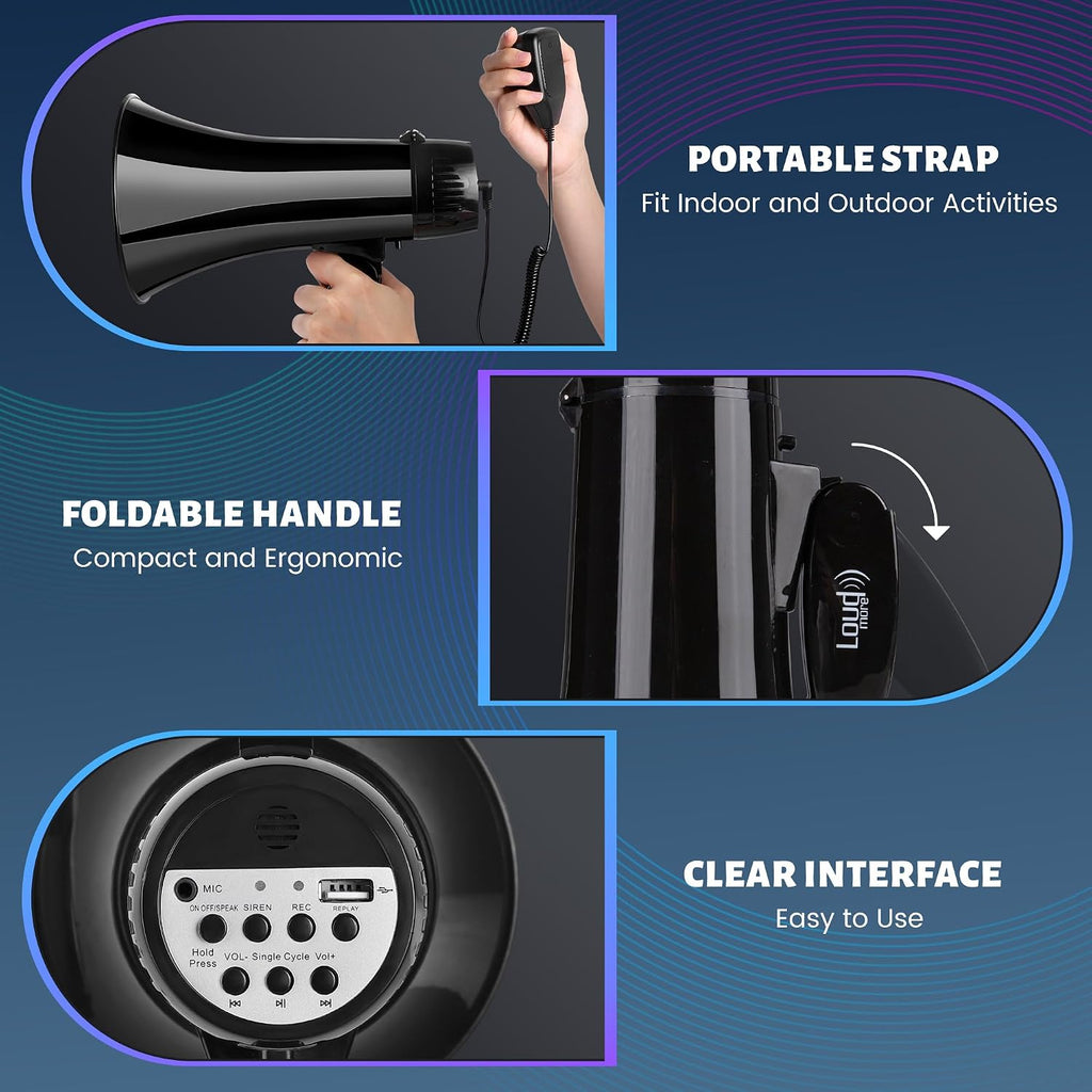 Portable Megaphone Bullhorn 35 Watt Power Megaphone Speaker with Siren/Alarm Modes, 240S Recording, USB Flash Drive