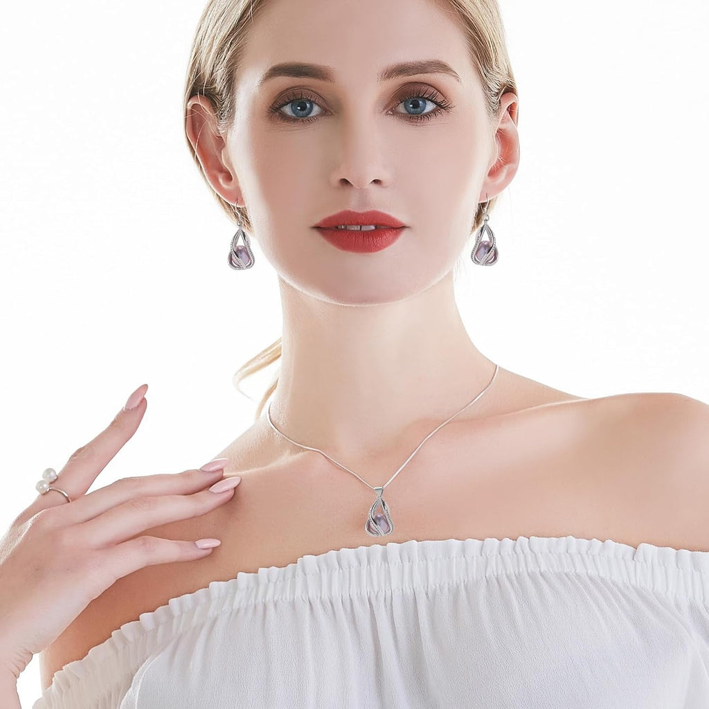 Pearl Jewelry Set For Women S925 Sterling Silver/14K Gold Plated Necklace & Earrings Set Freshwater Pearl Pendant