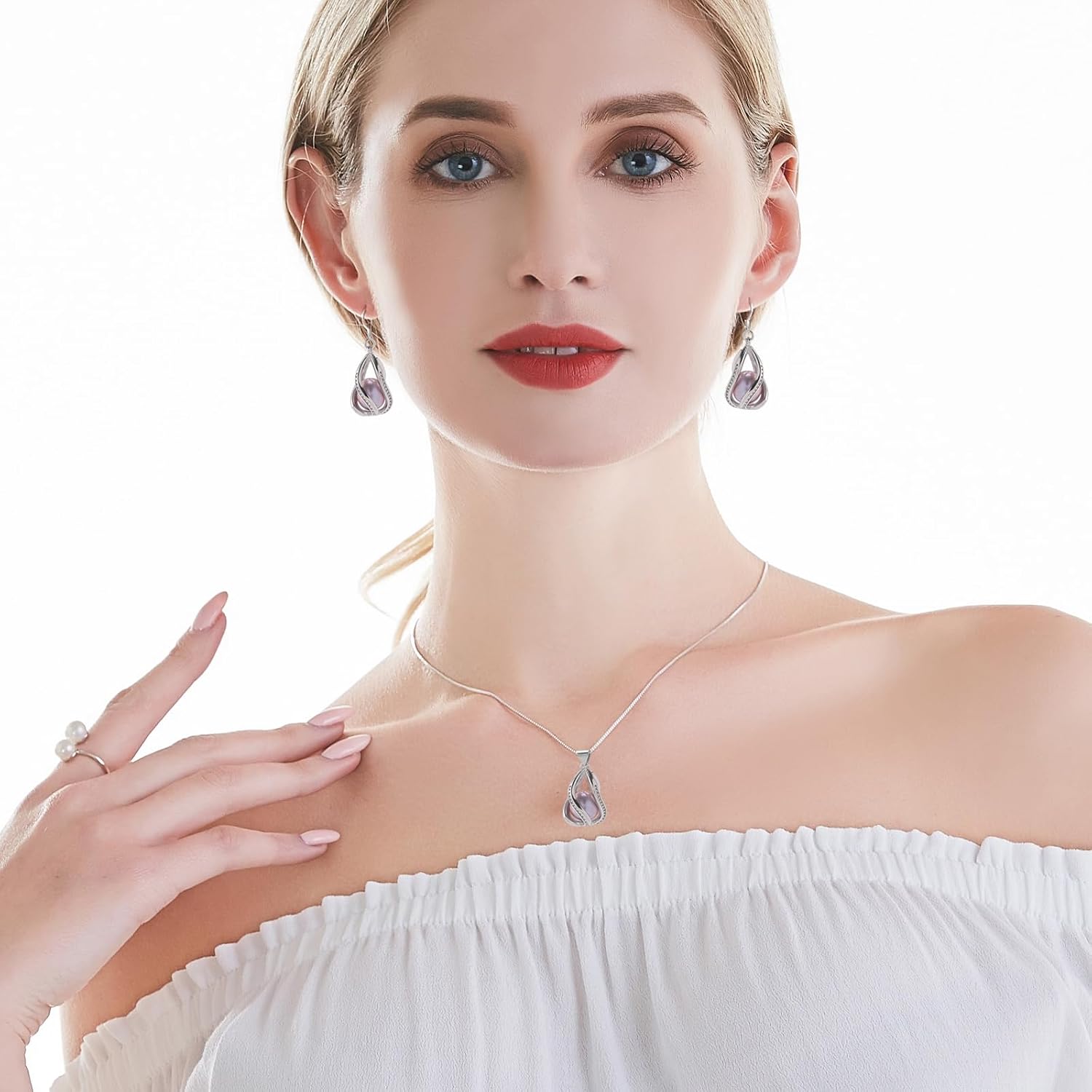 Pearl Jewelry Set For Women S925 Sterling Silver/14K Gold Plated Necklace & Earrings Set Freshwater Pearl Pendant