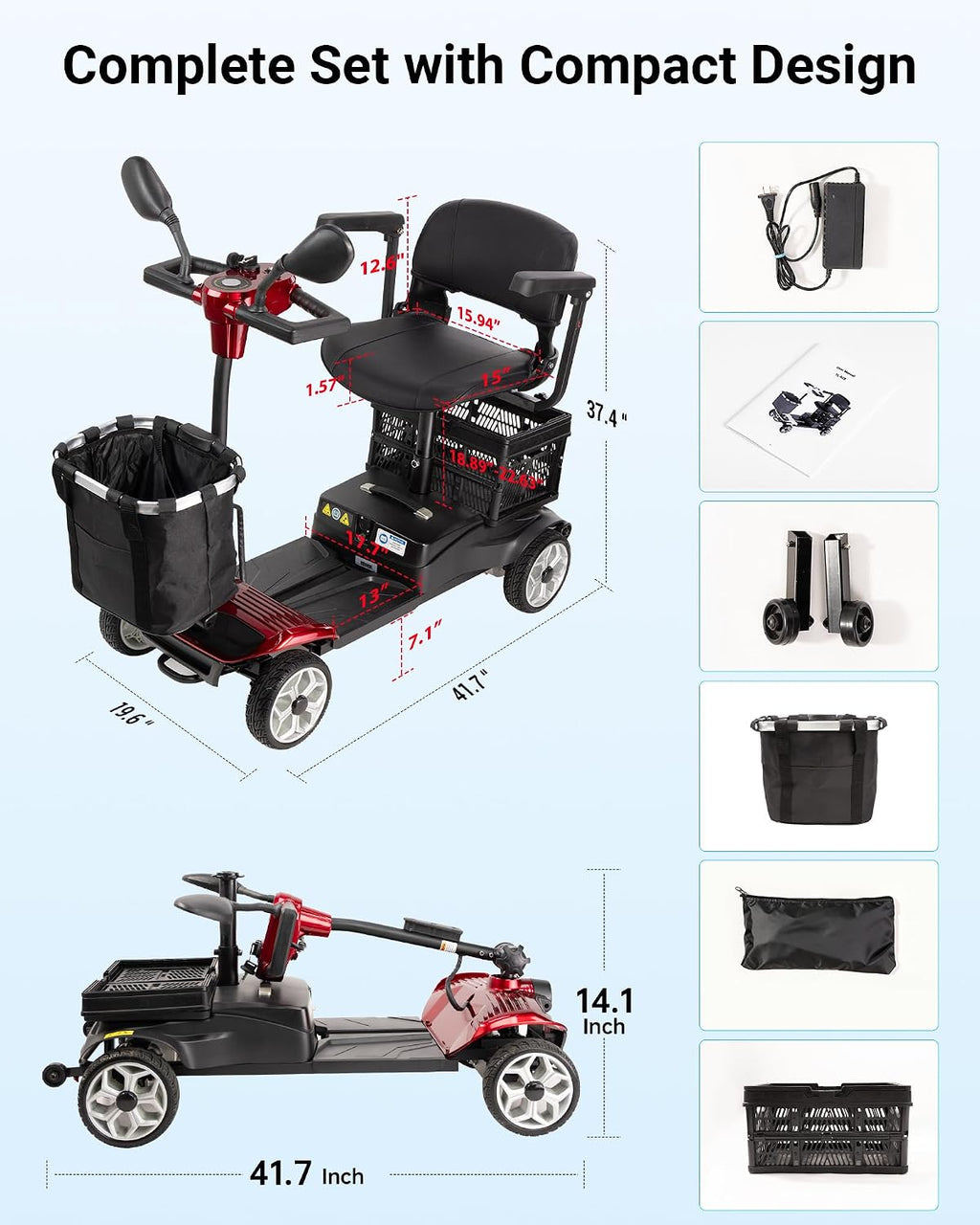 4 Wheel Mobility Scooter for Seniors & Adults, Foldable Portable Motorized Electric Scooters with Removable Battery