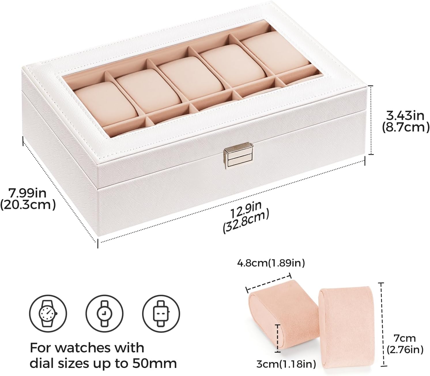 Watch Box Organizer, 12 Slot Watch Display Case, White | Watches Storage Boxes Holder for Men Women, Large Glass Lid
