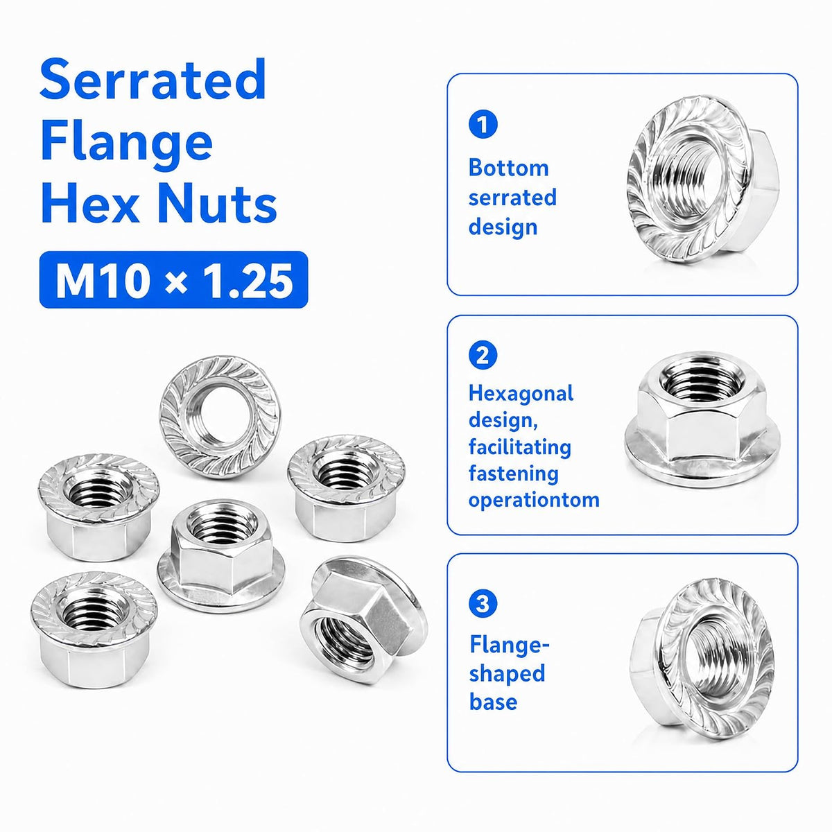 M10 x 1.25mm Serrated Flange Nuts Hex Lock Nuts, 6PCS, 304 Stainless Steel