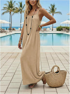 Women's Open Back Spaghetti Strap Backless Maxi Dress Flowy Sundress