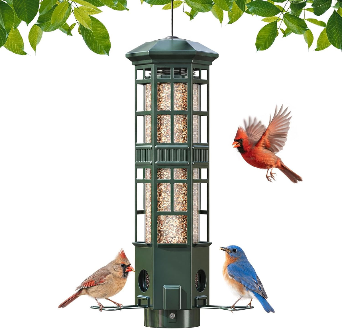 Squirrel Proof Bird Feeder, Chew-Resistant Metal Hanging Bird Feeder for Outdoors Gravity Spring Mechanism, 3 Feeding