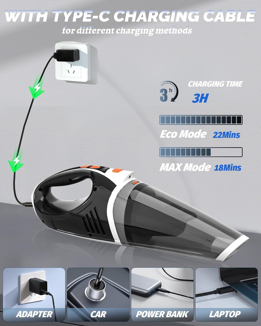 Handheld Vacuum Cordless, 2 Modes with Powerful Suction, LED Light | 4-in-1 Multiple Accessories, LED Light, Weigh