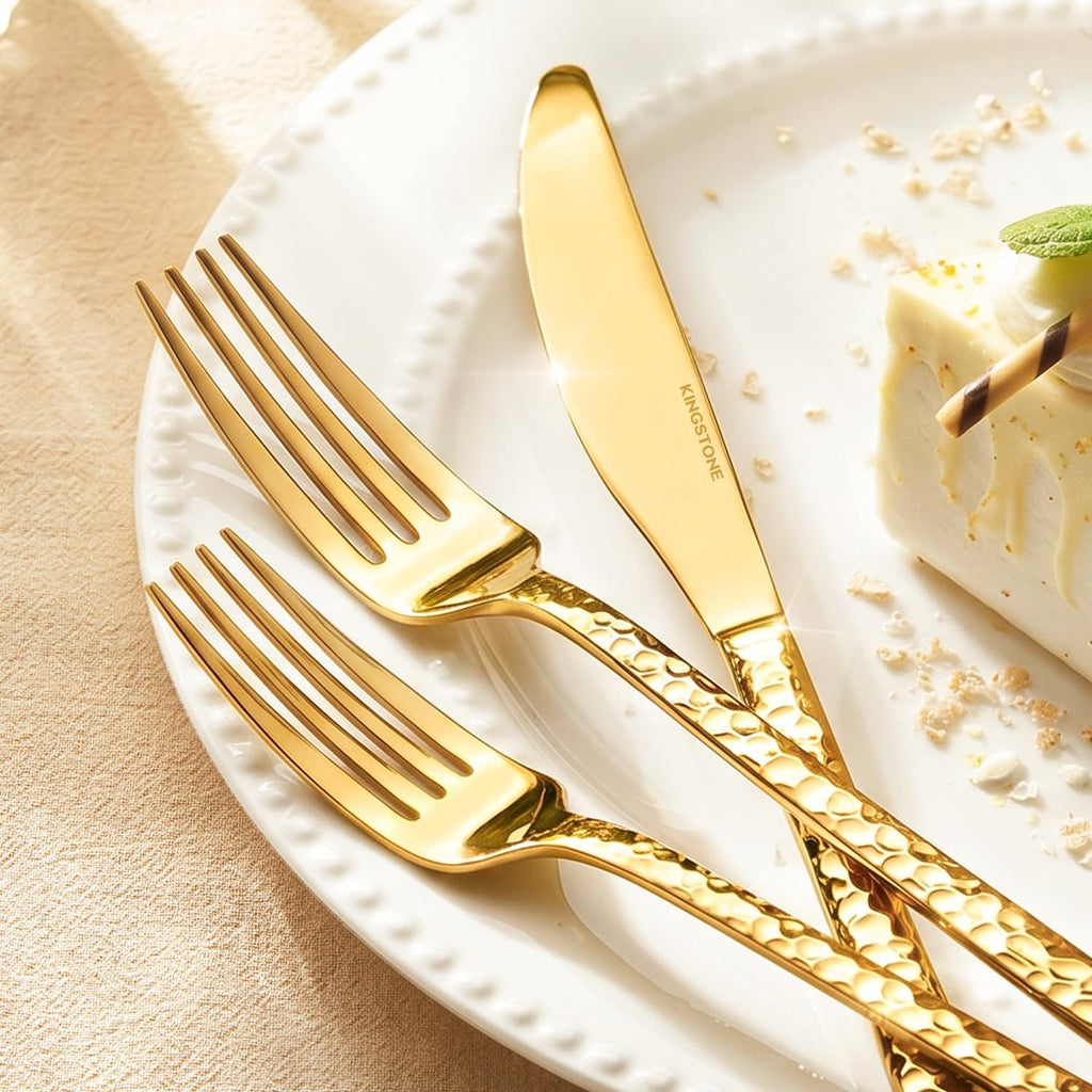 40 Piece Gold Silverware Set, 18/10 Stainless Steel Hammered Flatware for 8