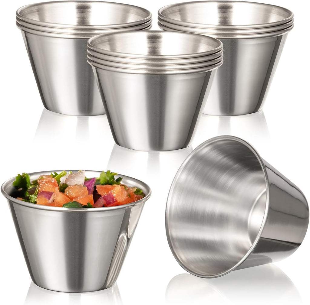 [12 Pack 4 oz Stainless Steel Dipping Sauce Cups, Reusable Metal Ramekins, Commercial Grade Condiment Bowls