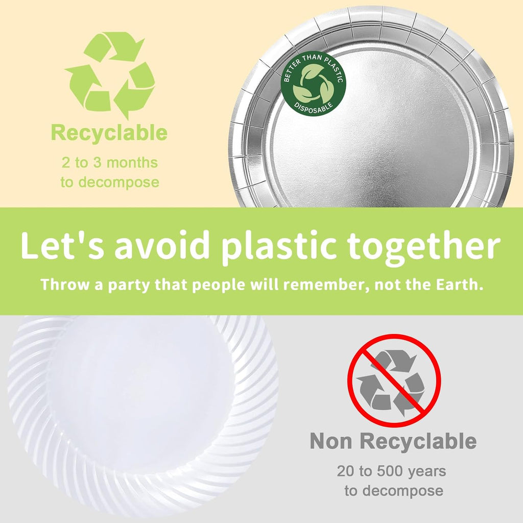 Silver Paper Plates - Disposable Plates for Party, 25-9" & 25-7"