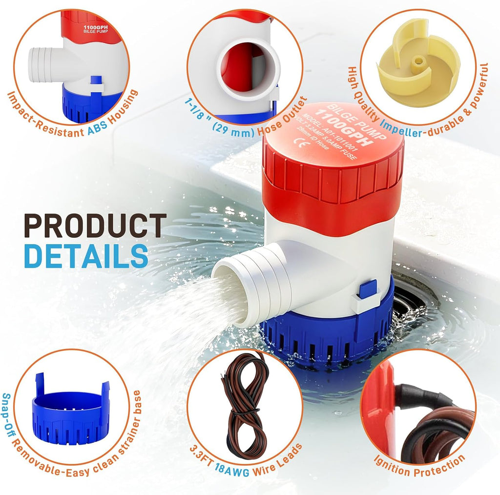 Sanuke 1100GPH Bilge Pump 12V for Boats, 1-1/8" Outlet, Non-Automatic Pump