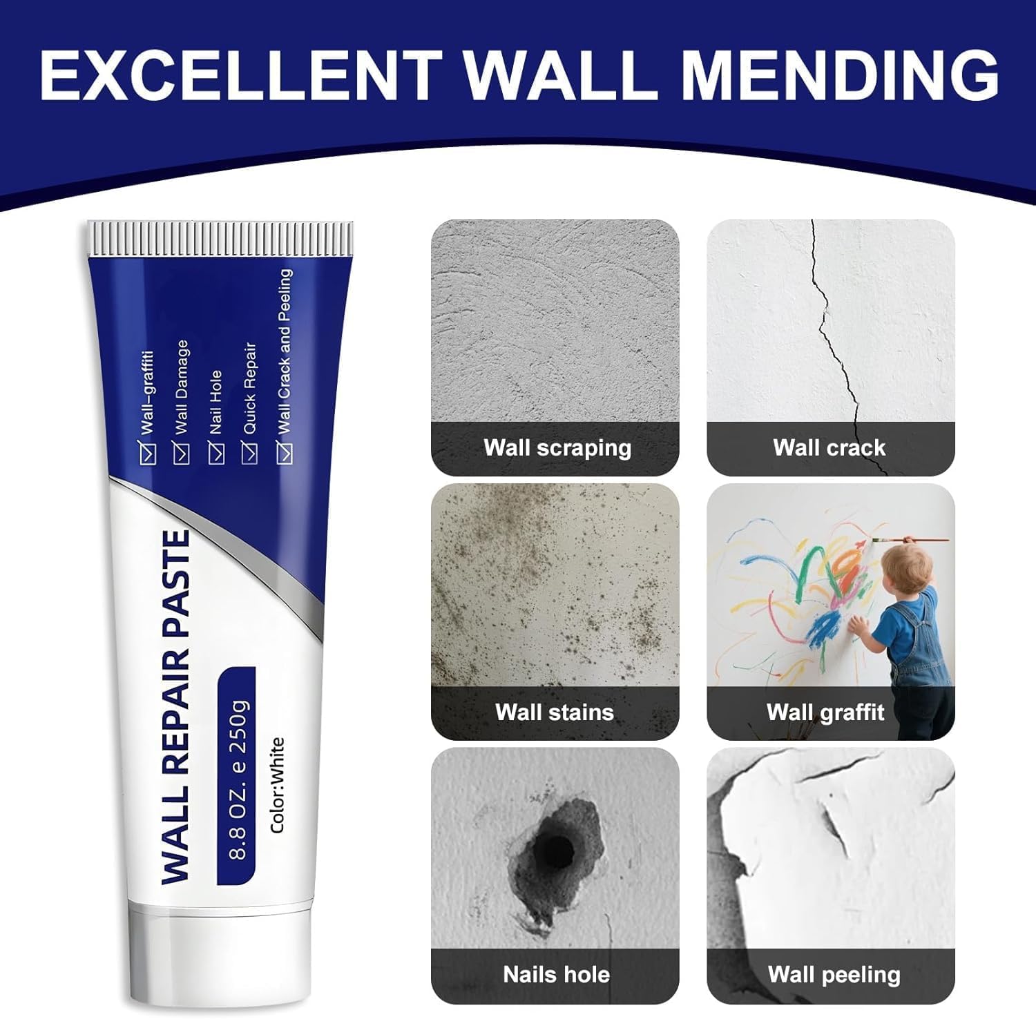 Drywall Repair Kit – Wall Repair Paste for Cracks & Holes, Fast-Drying Spackle with Scraper & Sandpaper